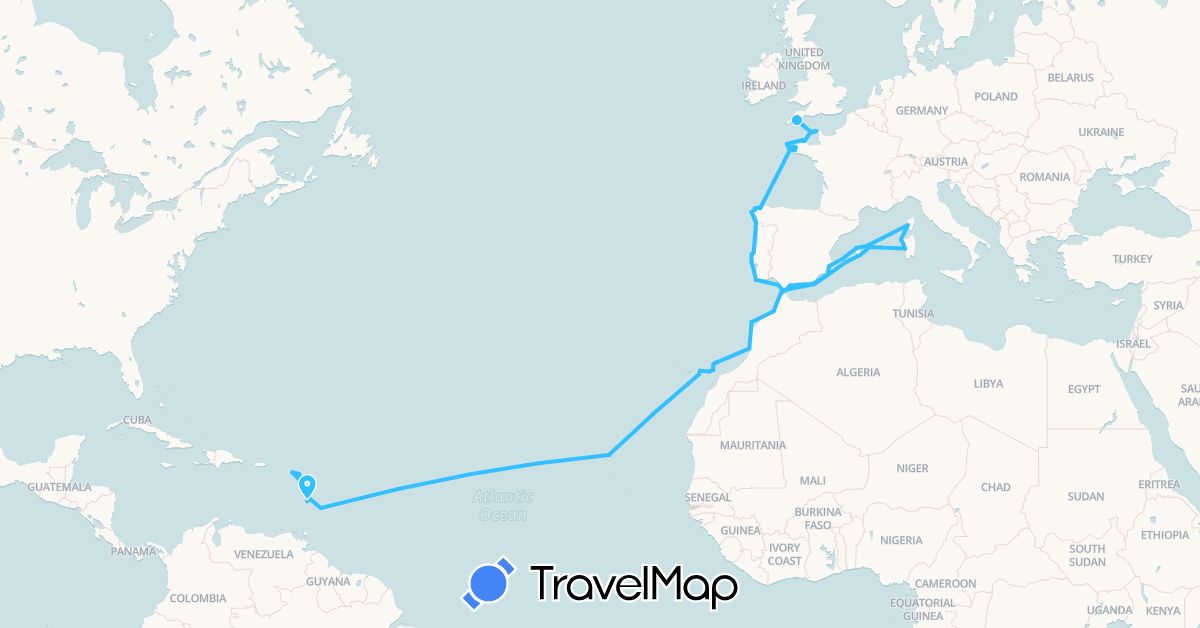 TravelMap itinerary: boat in Antigua and Barbuda, Dominica, Spain, France, United Kingdom, Guernsey, Gibraltar, Italy, Saint Kitts and Nevis, Saint Lucia, Morocco, Montserrat, Portugal (Africa, Europe, North America)
